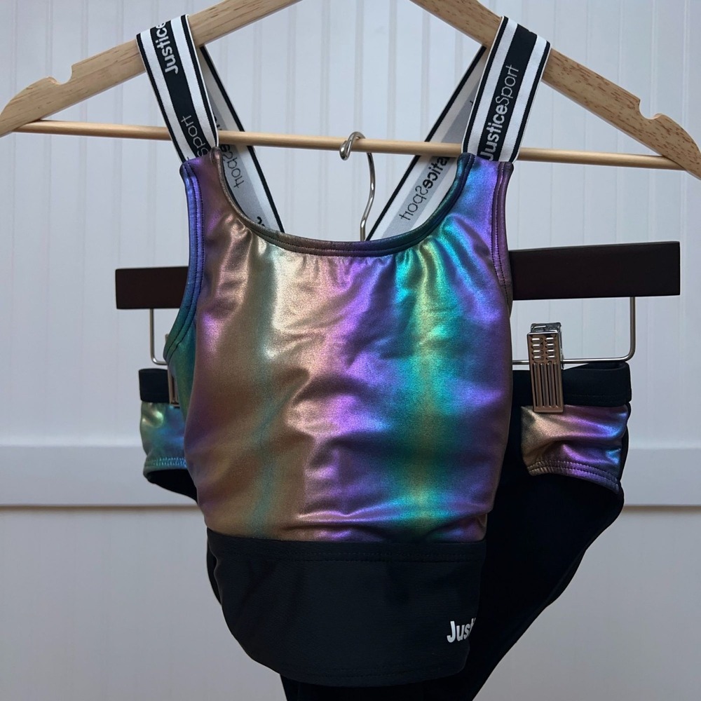 Justice Sport Girls Iridescent Rainbow Foil Bikini Swimsuit Set L Vacation Fun